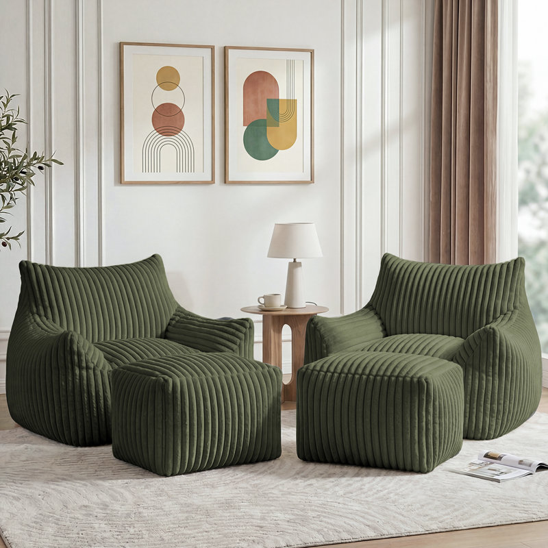 Set of 2 Oversized 46" Compression Corduroy Foam Bean Bag Chair with Ottoman(Set of 2), Green