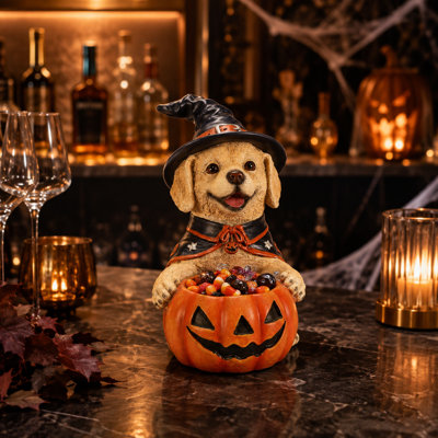 Lighted Golden Retriever Witch Candy Bowl