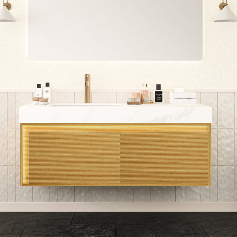 Meuble-lavabo flottant 48 po avec comptoir en pierre frittée blanche, lavabo encastré en contreplaqué en céramique, rangement en contreplaqué ultra-mince en grille, tiroir avec capteur automatique, comptoir pré-assemblé, lavabo, tiroir, unité de détection à DEL