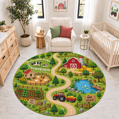 Tapis rond « Ultra Fin » 183 x 183 cm, motif animaux de la ferme, tracteur et grange, doux et à poils courts, avec envers antidérapant en silicone, idéal pour la chambre d'enfant, la chambre de bébé ou la salle de jeux.