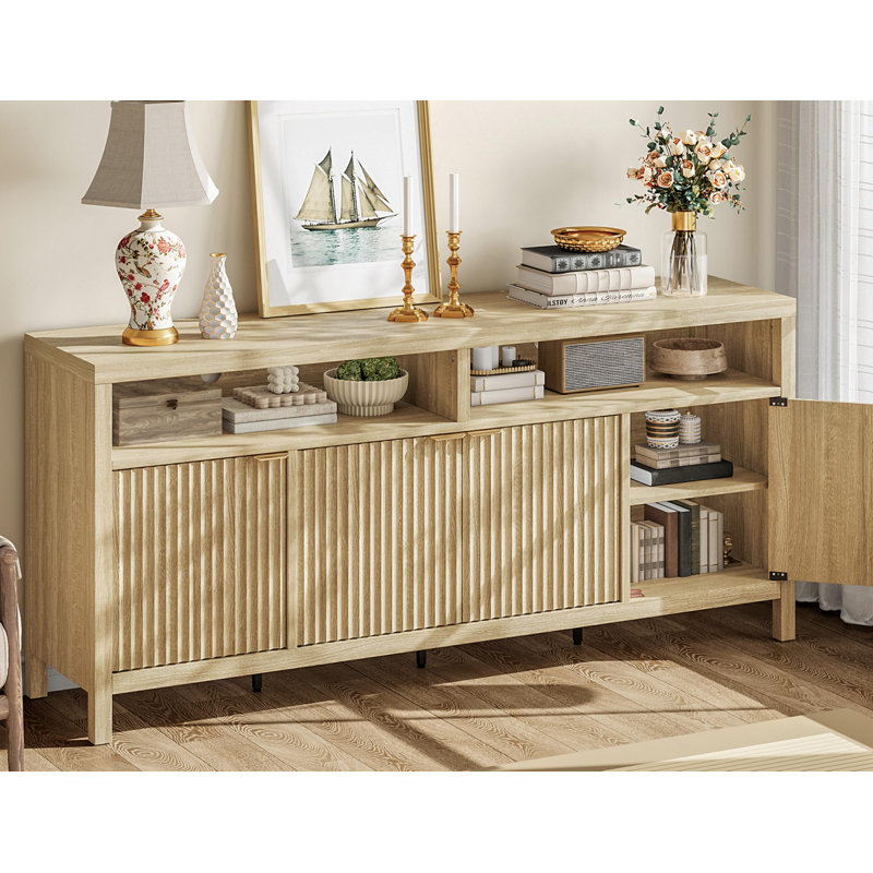 Buffet 65,8 po à 3 niveaux avec portes cannelées et poignée dorée pour la cuisine, le vestibule et la salle à manger, Beige
