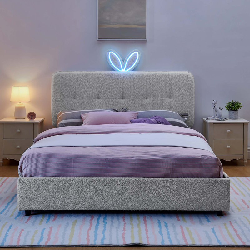 Lit tapissier pour enfants avec tête de lit surdimensionnée et lumières DEL pour enfants, Beige