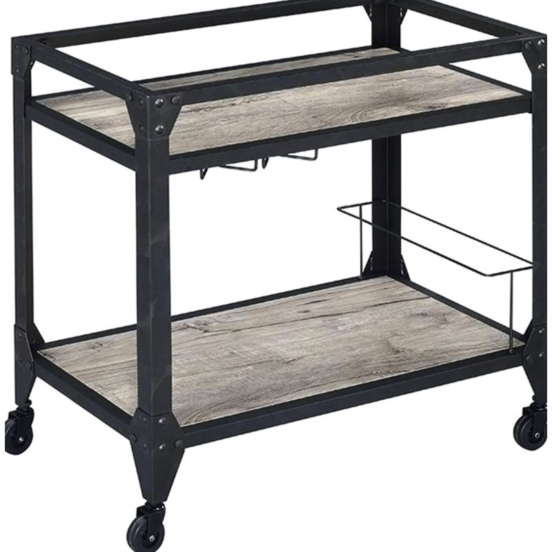 Rustic Oak & Charcoal Finish Serving Cart - Wooden Top Shelf, Wine Bottle Rack, Stemware Holder, Metal Frame, Caster Wheels For Effortless Mobility With Charm Ample Compartment Beverages And