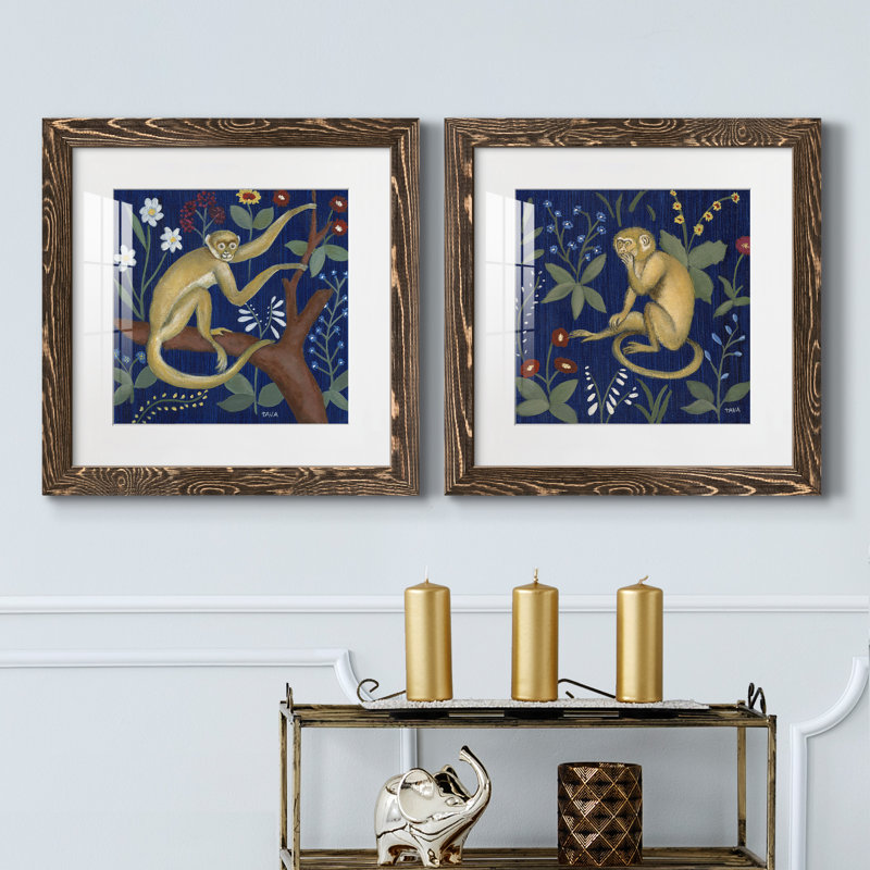 «Venezia Monkey Garden II», ensemble de 2 peintures, H 17 po x l 34 po x P 1,5 po, Papier, cadre noyer