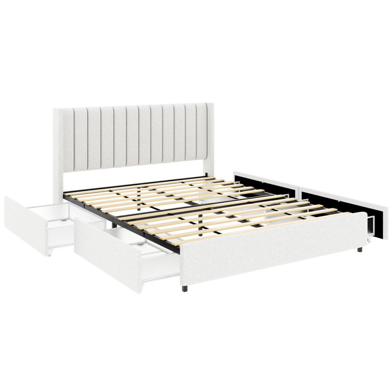 Lit à lattes en bois capitonné, grand lit plateforme tapissier ivoire Boucle
