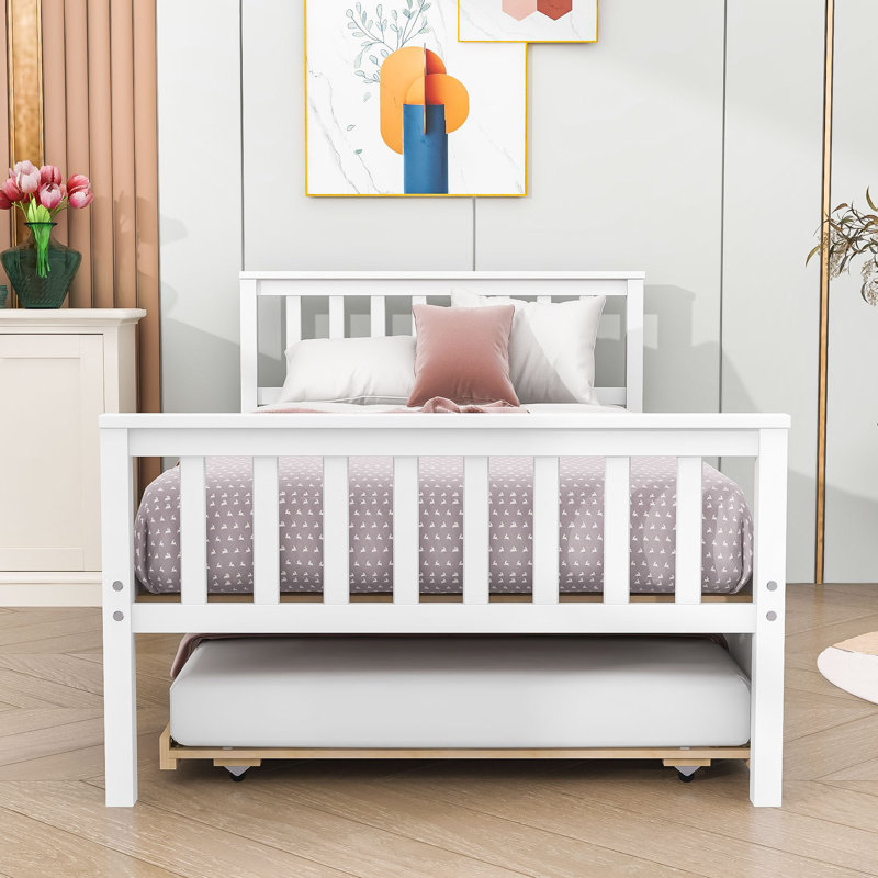 Twin Size Platform Bed Frame with Trundle, White