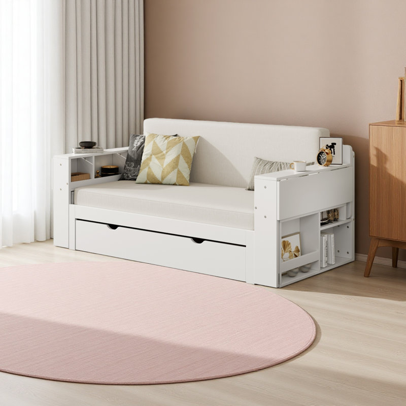 Lit de jour avec bureau amovible, tiroirs de rangement et table d'appoint hydraulique, Complet/Double, Blanc