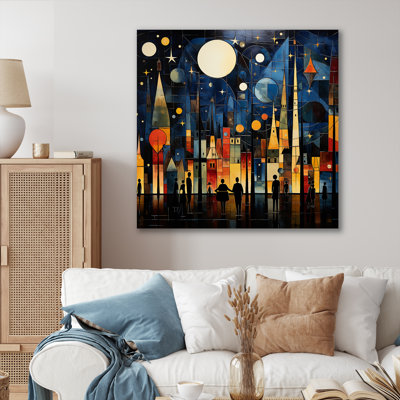 Collage de ville bleu et jaune au clair de lune II - art mural paysage urbain
