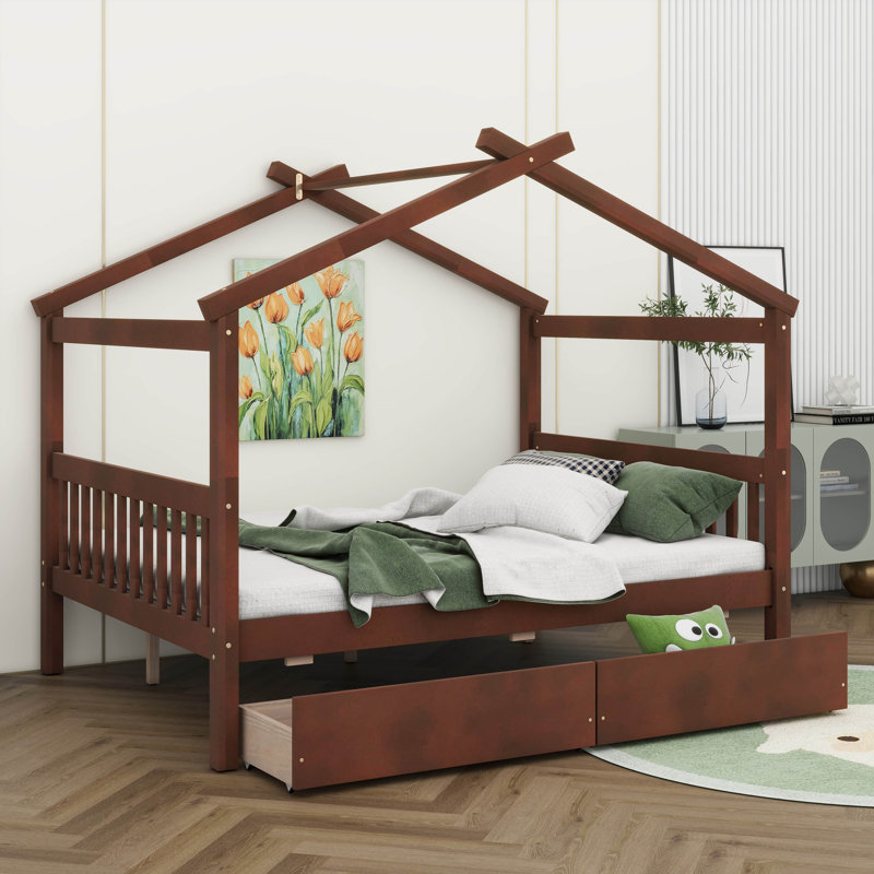 Wooden House Bed With Drawers, Full, Walnut