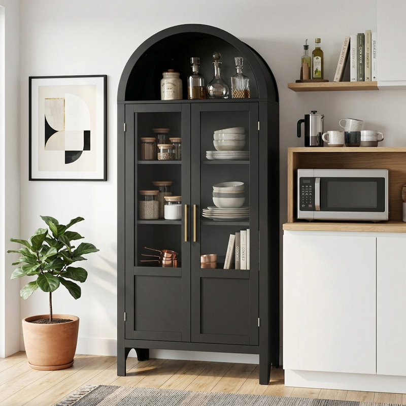 72 po de hauteur avec garde-manger arqué de 72 po, garde-manger moderne avec tablettes ouvertes, Noir