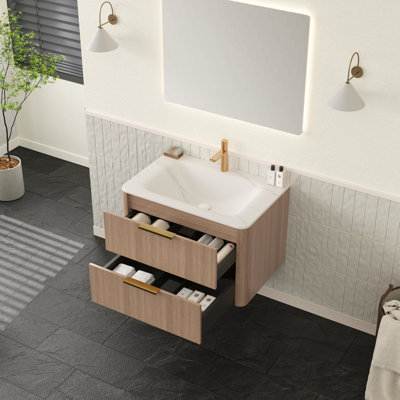 de salle de bain flottante de 5 pouces avec lavabo, lavabo en pierre frittée blanc de Carrare, armoire de rangement moderne en contreplaqué à grain de bois pour salle de bain contemporaine