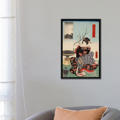 Femme avec branche d'arbre, reproduction de bois sur toile japonaise