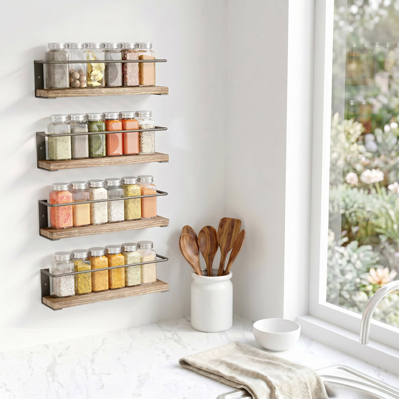 Ensemble de 4 étagères à épices en bois avec 24 pots à épices, 386 étiquettes d'épice, marqueur à craie et entonnoir, multi-usage pour porte d'armoire et fixation murale