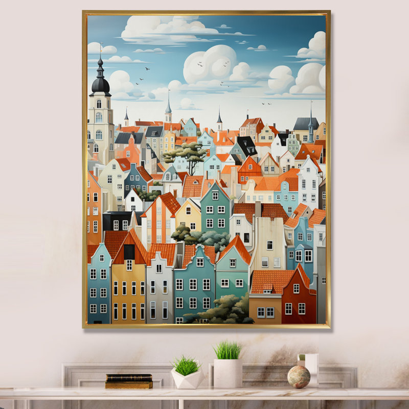 Collage de toits écarlates Elyx Danemark IV, Cadre flottant doré, H 20 po x l 12 po x P 1 po