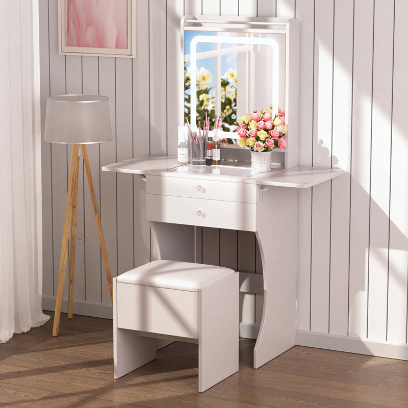 Vanity Set For Small Bedrooms, Small Space Makeup Vanity With LED Mirror, Stool & Foldable Side Tables