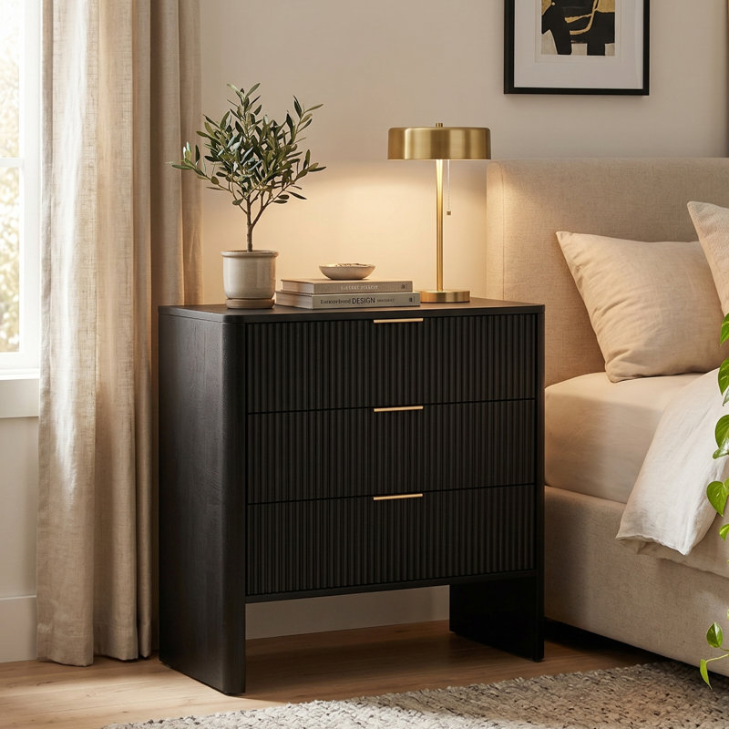 Accent Cabinet, Entryway Storage Cabinet with 3 Storage Drawers,  Storage Cabinet, 30In Cabinet With 3 Drawers Wavy Pattern Modern Bedside Cupboard Dressing Table For Bedroom Living Room Hallway Black