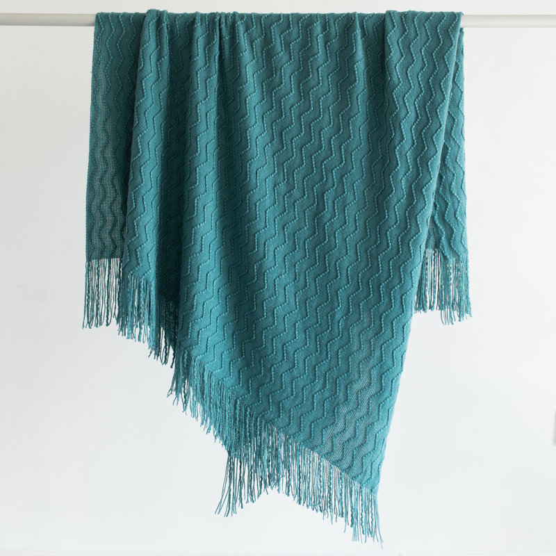 Blue Chevron Pattern Knit Throw Blanket with Fringe