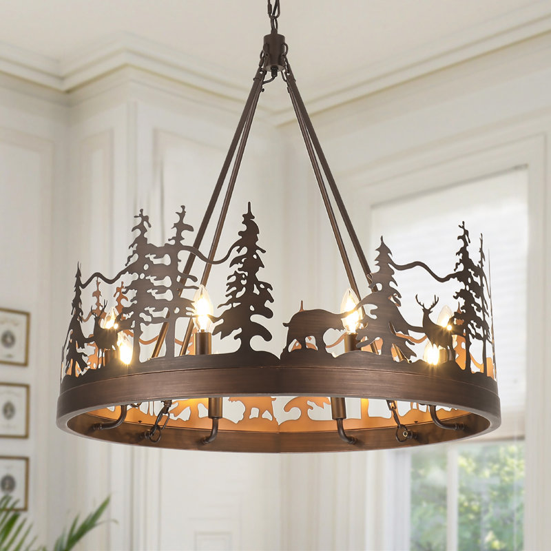 Lustre rustique à roulettes de style ambiant, H 59 po x l 29,9 po x P 29,9 po, Bronze frotté à l'huile, 8 lumières