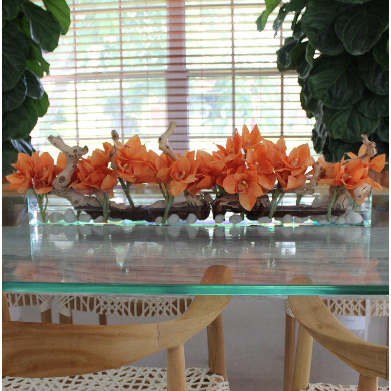 Driftwood Cymbidium Orchids Centerpiece in Glass Planter, 8" H x 24" W x 6" D, Orange
