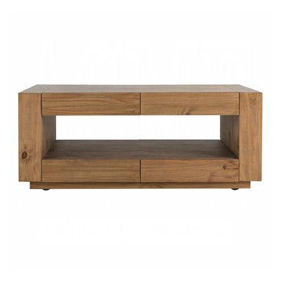 4 Drawers And 1 Open Shelf Wooden Coffee Table With Wheels In Oak
