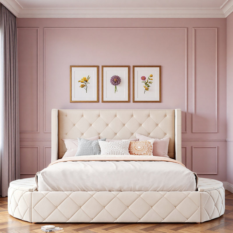 Lit plateforme tapissier avec tête de lit à oreilles, 1 grand tiroir et 2 tabourets de rangement latéraux, Beige