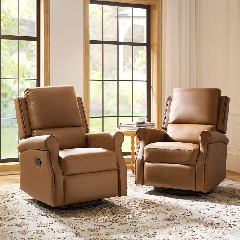 Philip 38" Traditional Leather Swivel Rocker Manual Recliner (Set of 2), Camel