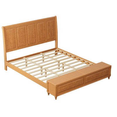 King Bed Frame With High Headboard And Storage Bench,Soild Wood Sleigh Bed With 79" Storage Chest,No Box Spring Needed,Natural