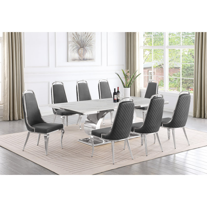 Ensemble de salle à manger rectangulaire L 87 po x l 44 po Bankston, 9, Gris / argent, Argent