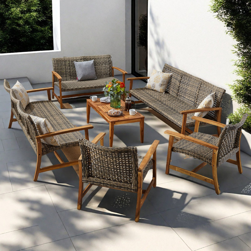 Ensemble de conversation pour patio en bois d'acacia massif et osier pour 10 personnes Carmyn