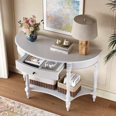 Console demi-lune en bois massif avec tiroir et tablette, table d'entrée incurvée cannelée rétro pour vestibule de salon de couloir, table de canapé à espace étroit avec pieds romains sculptés