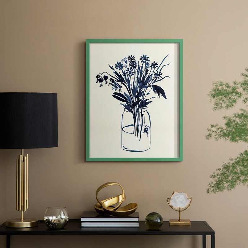 Indigo Floral Vase II, reproduction encadrée - bois massif, Vert, H 11 po x l 9 po