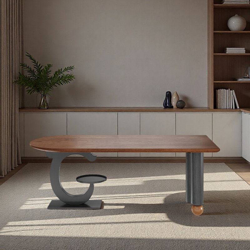 Bureau brun semi-circulaire à usage domestique, bois massif, H 29,53 po x l 62,99 po x P 31,5 po