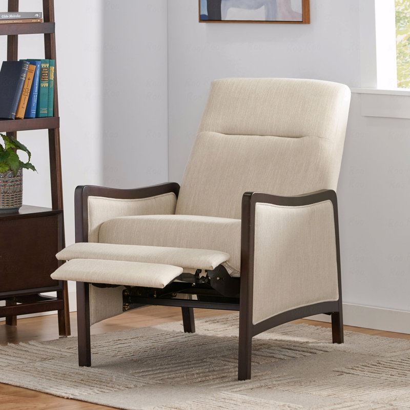 Mid-Century Modern Push-Back Fabric Recliner – Birchwood Frame + Thick Seat Cushion, Beige