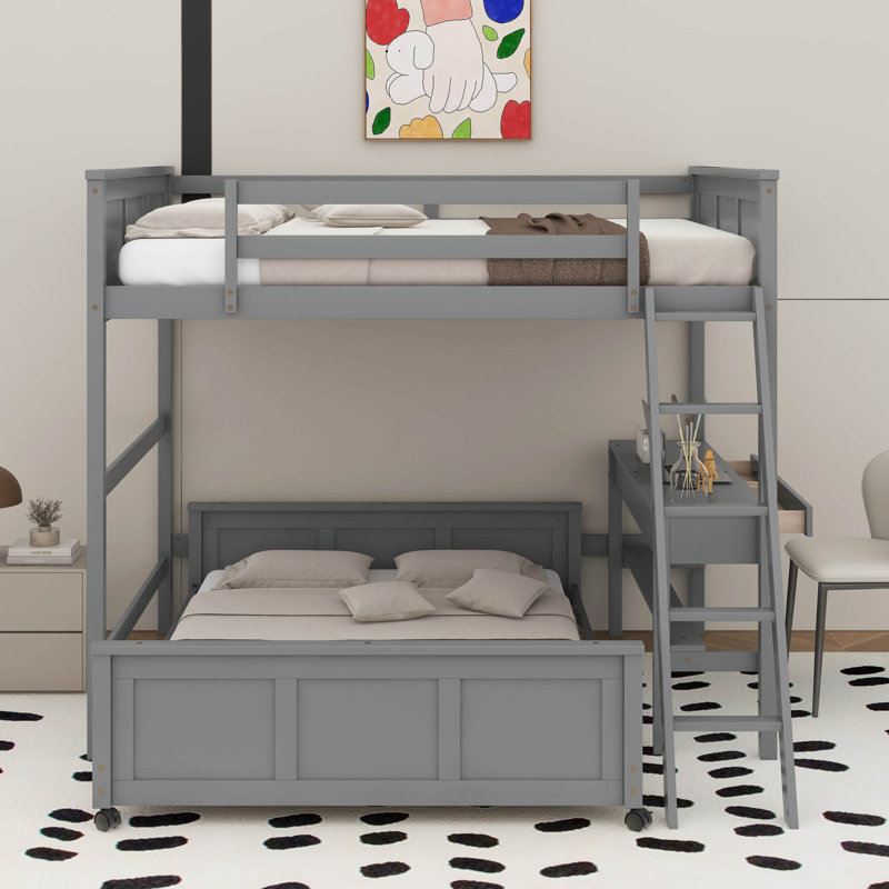 Bunk Bed With Desk, Grey, Full Over Full