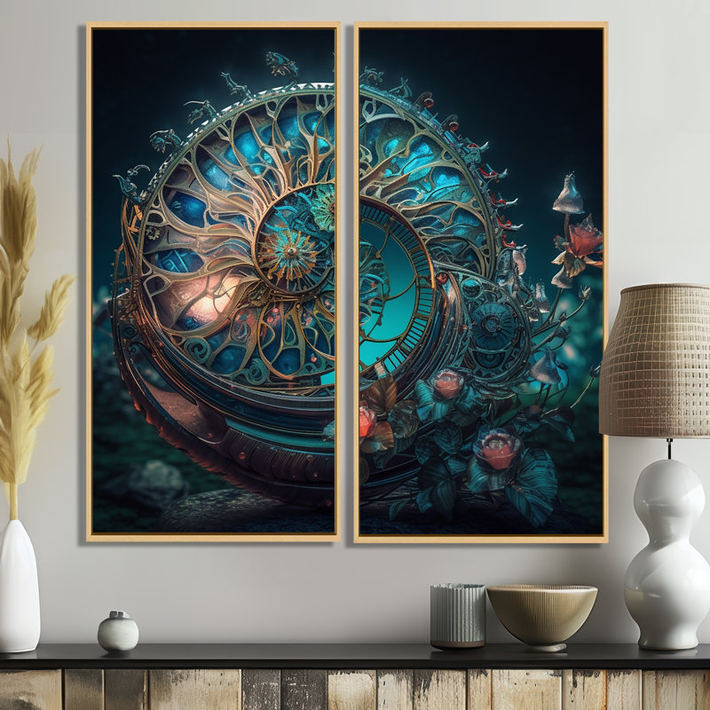 Bioluminescent Spiral Oceanic Astrolabe II - art mural bleu, H 32 po x l 32 po, Impression encadrée flottante, Crème, crème