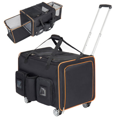 2-in-1 Double Compartment Rolling Pet Carrier, Expandable Foldable Soft-Sided Travel Crate with Wheels for 2 Cats, Breathable Mesh Oxford Carrier with Removable Divider for Car Camping Vet Visits, Black