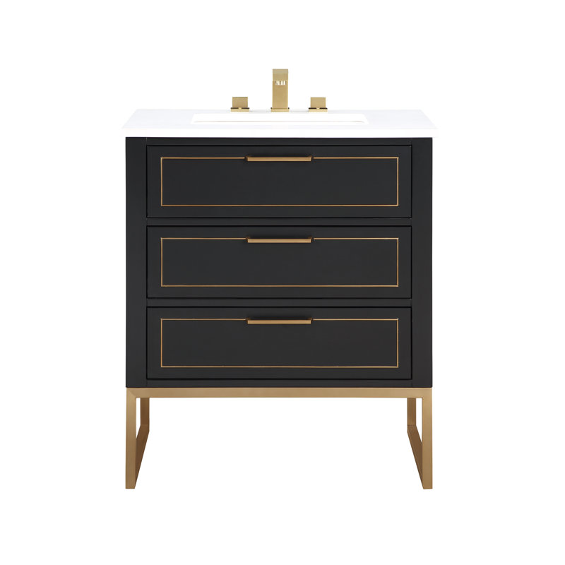 Ensemble de meuble-lavabo simple 30 po Markham, Nuit noire, Laiton satiné, Quartz Calacatta universel