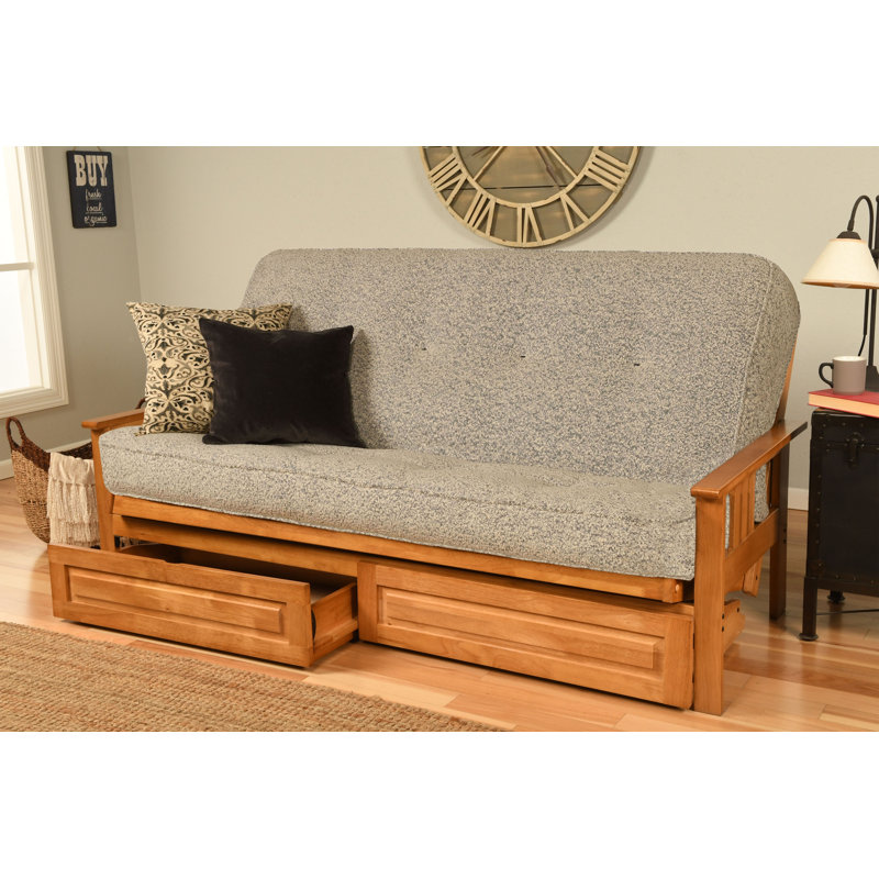 Le cadre de futon double Stratford comprend des tiroirs de rangement et un matelas, Innerspring, Gris Canton, Noyer cendré