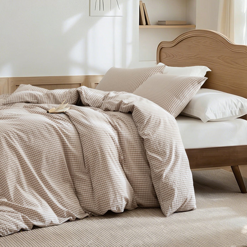 Ensemble de housse de couette 100% coton lavé, motif à carreaux classique, literie douce et respirante avec double fermeture à glissière cachée et taies d'oreiller enveloppantes