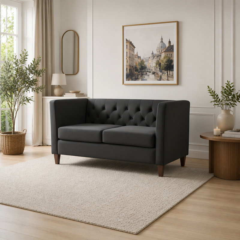 Mid-Century Button Tufted Velvet Loveseat with Solid Wood Legs, Black Polyester