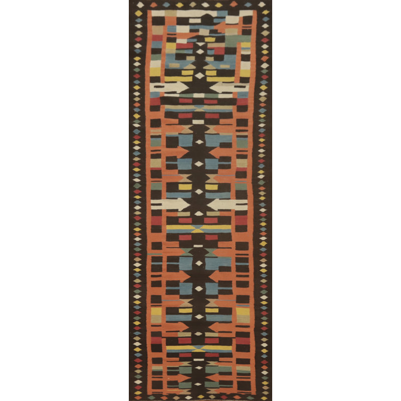 Tapis de couloir oriental géométrique en laine Kilim 3 x 13