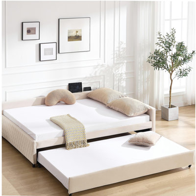 Lit de jour rembourré avec lit gigogne, structure de lit en bois robuste, conception en losange moderne, pour chambre à coucher, chambre d'amis (beige)