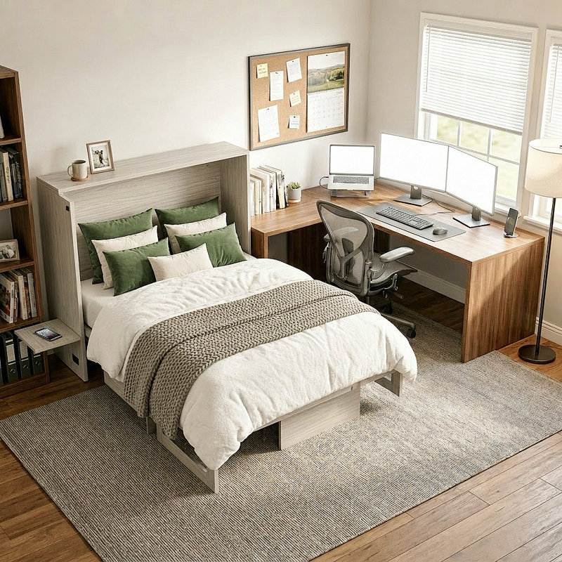 Lit escamotable moderne complet avec 2 tiroirs de rangement, ports USB et table de chevet, gris, Gray, Full