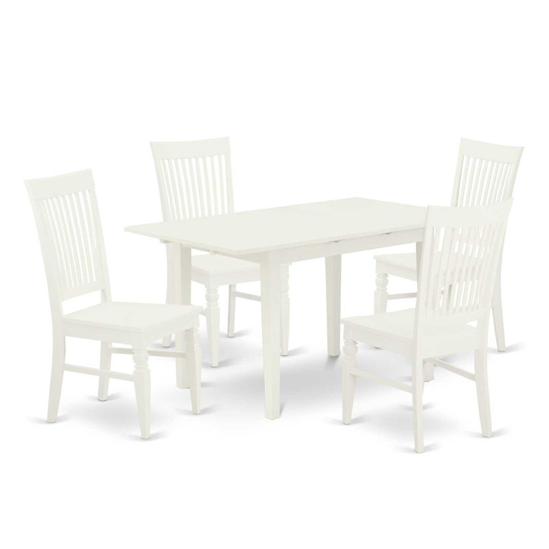 Ensemble de table de salle à manger 5 pièces moderne comprenant une table rectangulaire en bois avec feuille papillon et 4 chaises de salle à manger, lin blanc