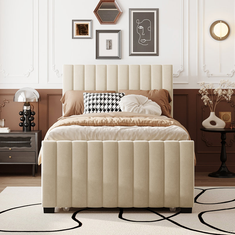 Lit plateforme tapissier en velours avec lit gigogne simple, Beige