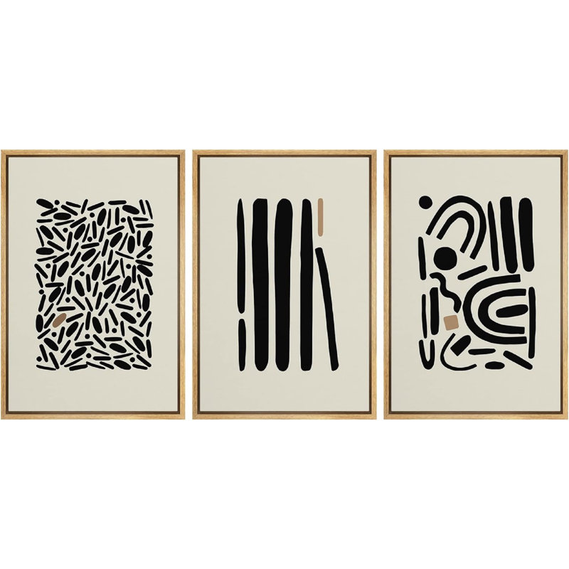 Natural Framed Geometric Abstract Canvas Wall Art Set
