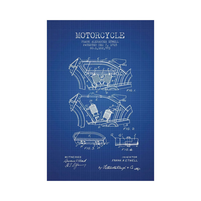 Frank A. Etwell Motorcycle Patent Sketch (Blue Grid) by Aged Pixel - Wrapped Canvas Gallery-Wrapped Canvas Giclée
