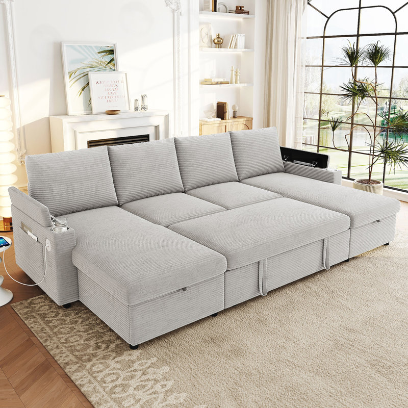 Canapé modulaire en U avec méridiennes de rangement, porte-gobelets et ports USB, Grey Corduroy