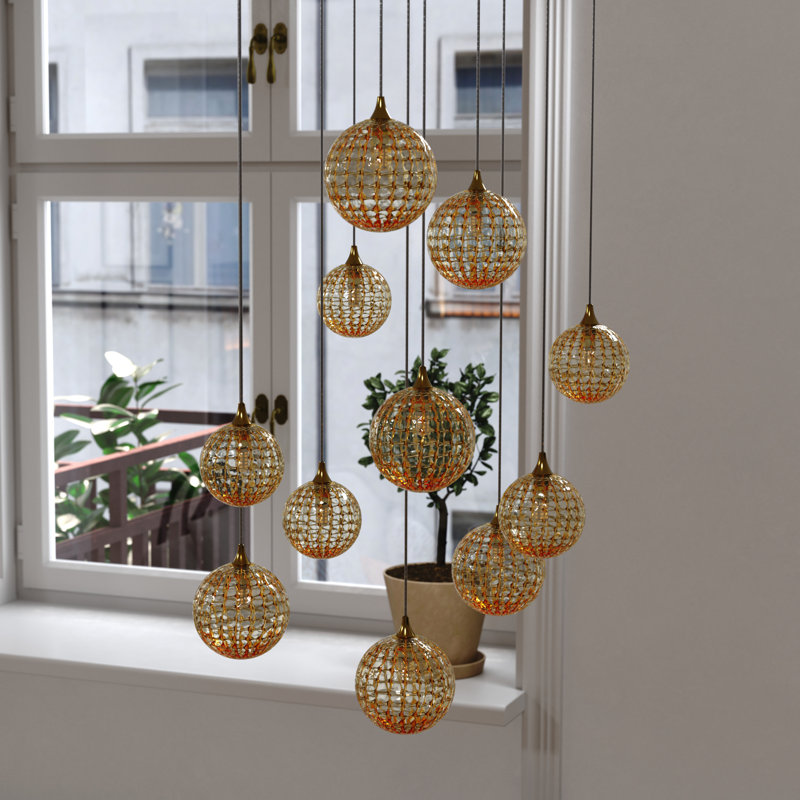 Breeze 11 Amber Glass Pendants Chandelier, 120", Satin Nickel