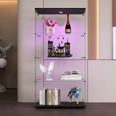 Two-Door LED Lights  Glass Display Cabinet 4 Shelves With Door, Floor Standing Curio Bookshelf For Living Room Bedroom Office,  64.7"*31.7"*14.3",Black